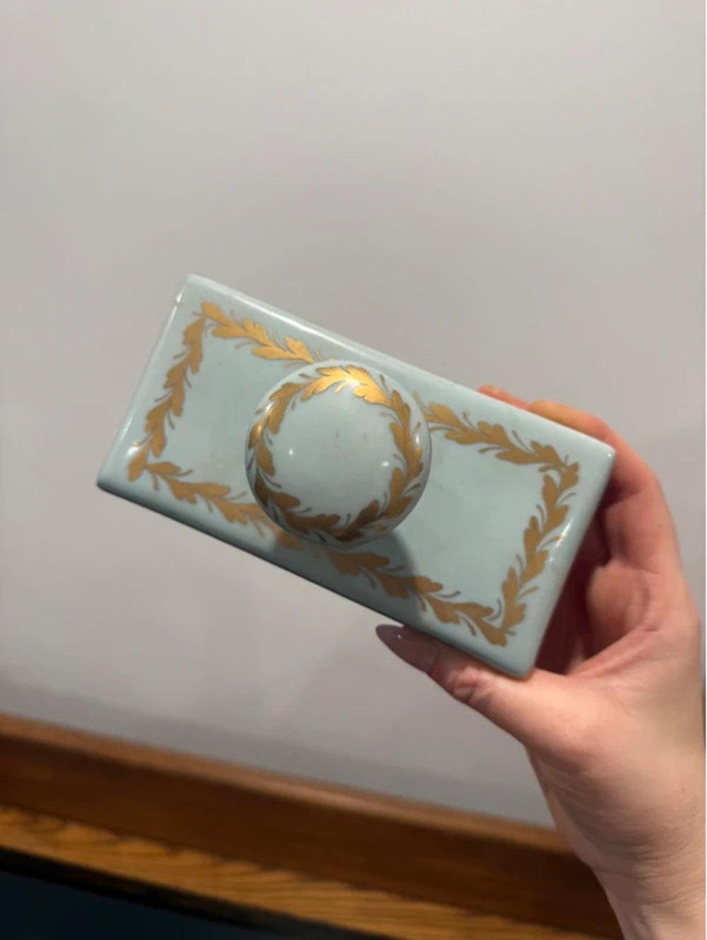 Vintage Light Blue Gold Porcelain & Wood Rocker Ink Blotter